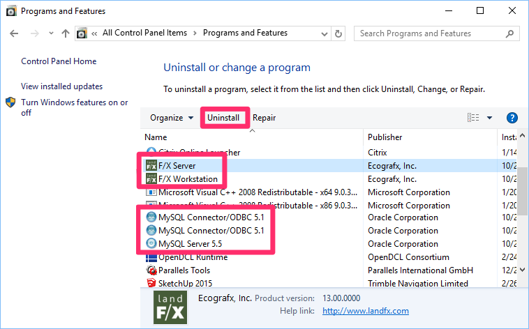 Uninstalling the F/X Server, F/X Workstation, MySQL Server, and MySQL Connector/ODBC components in the Uninstall or change a program dialog box