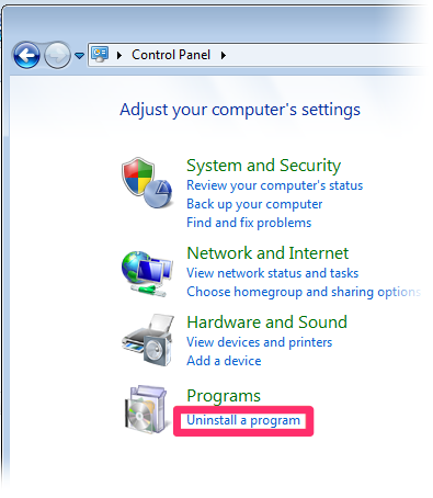 Control Panel, Programs heading, Uninstall a Program option