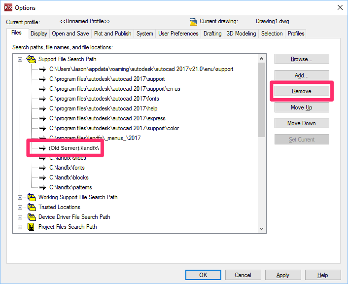Removing entries from the Support File Search Path that point to the old server