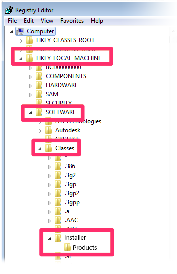 NAvigating to the path HKEY_LOCAL_MACHINE\SOFTWARE\Classes\Installer\Products\ in the Registry Editor