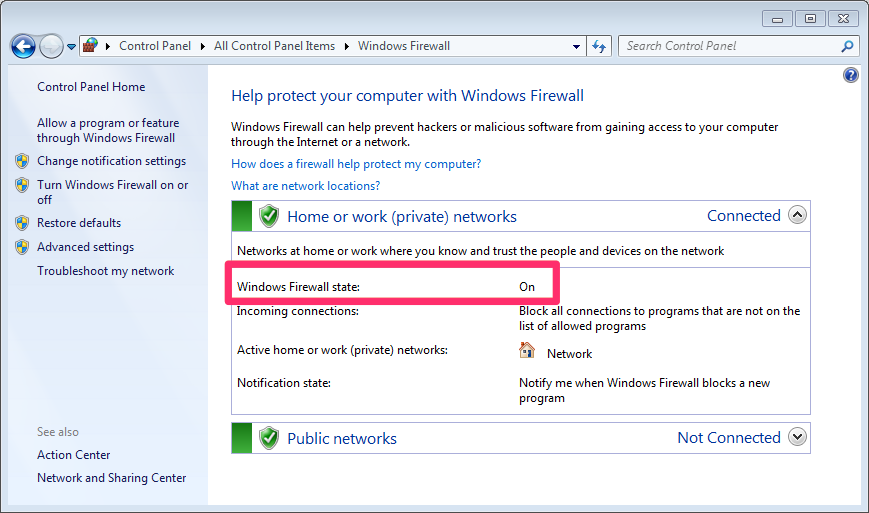 Windows firewall turned on, example