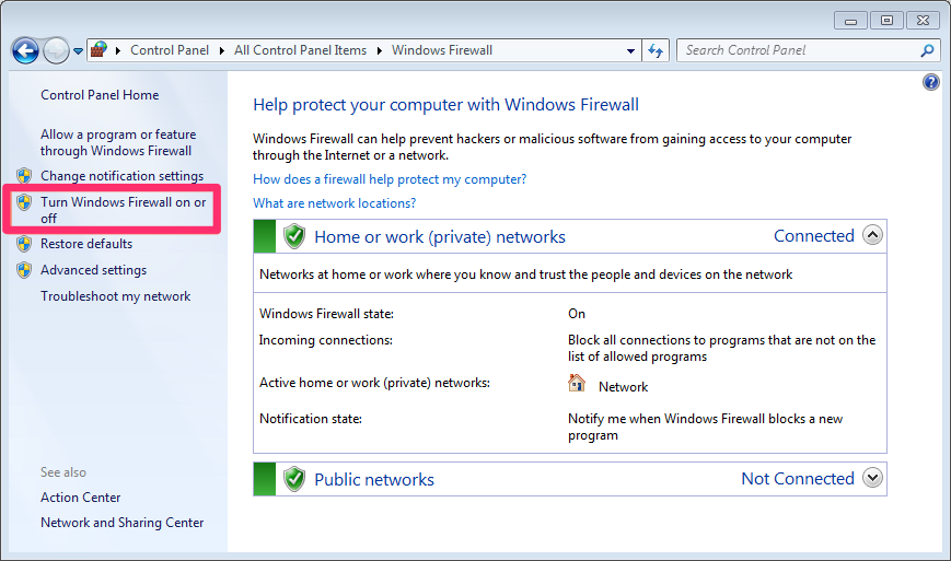 Turn Windows Firewall on or off option