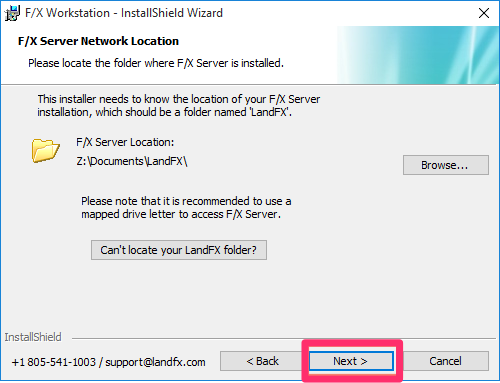 Land F/X installer, Database Server Name screen