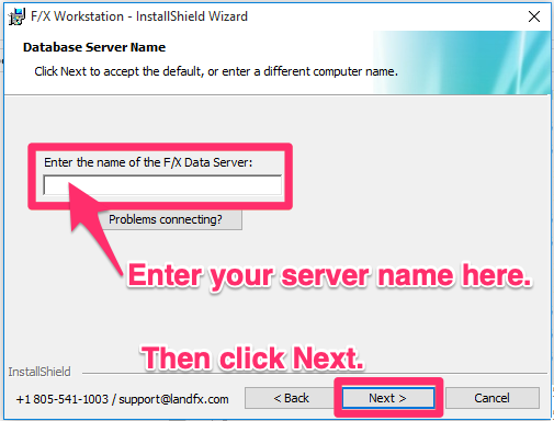 Entering server name in Database Server Name field