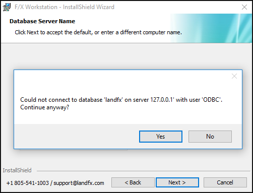 Could not connect to database 'landfx' on server error message
