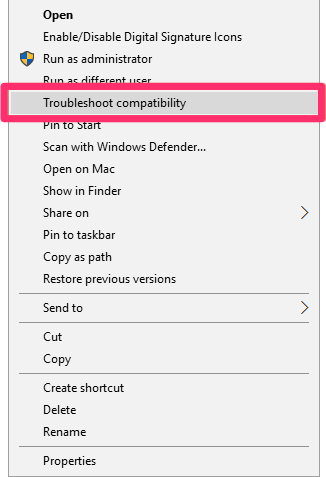 Troubleshoot compatibility menu option