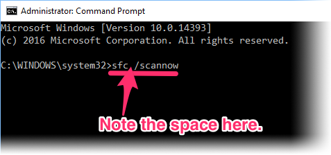 Typing sfc /scannow at the Command prompt