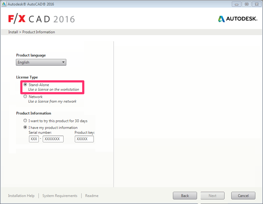 F/X CAD Product Information screen, Standalone option