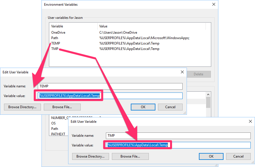 Copied text pasted into the TEMP and TMP variable fields in the Edit User Variable dialog box