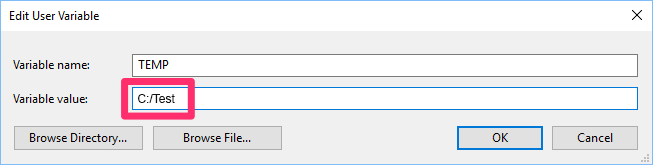 Variable value changed to C:/Test in text file