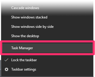 Taskbar right-click menu, Tadk Manager option
