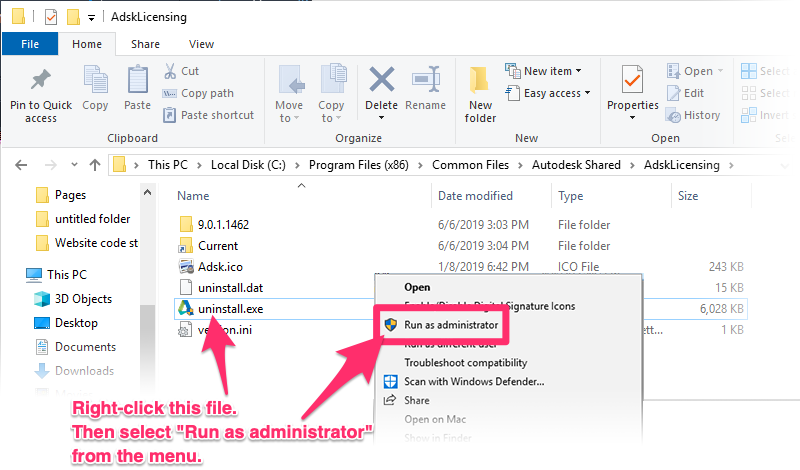 Right-click menu from uninstall.exe file, Run As Administrator option