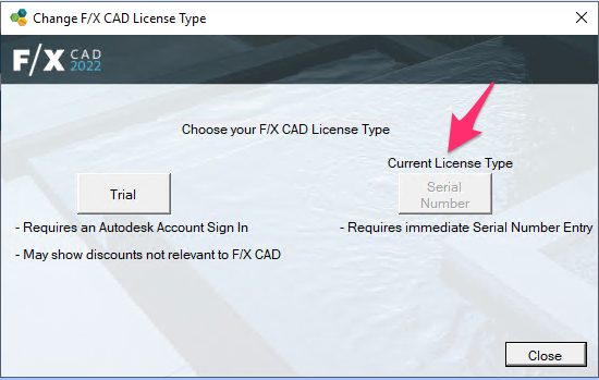 Change License Type dialog box, Current License Type option
