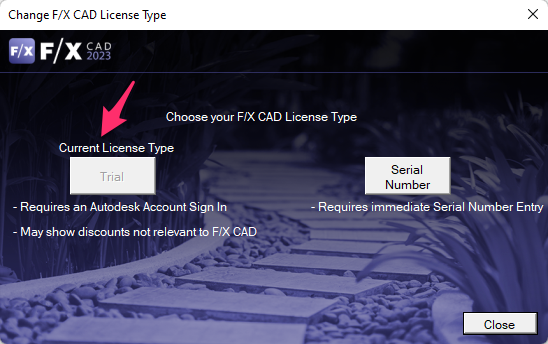 Change License Type dialog box, Current License Type option