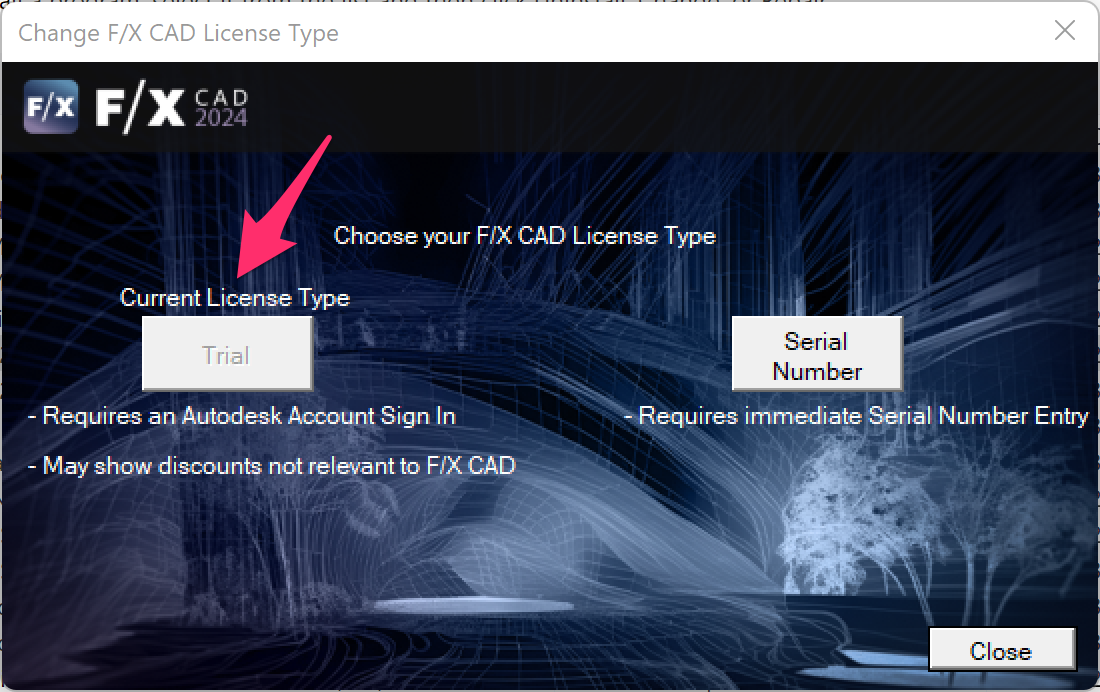 Change License Type dialog box, Current License Type option