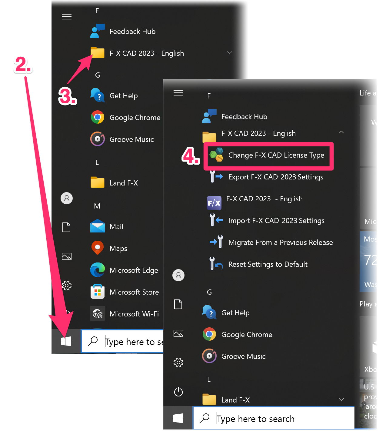 Start menu, F-X CAD 2023 item, Change F-X CAD License Type option