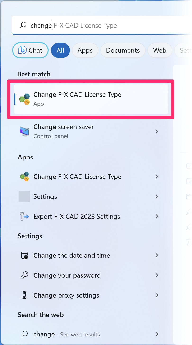 Start menu, Change F-X CAD License Type option