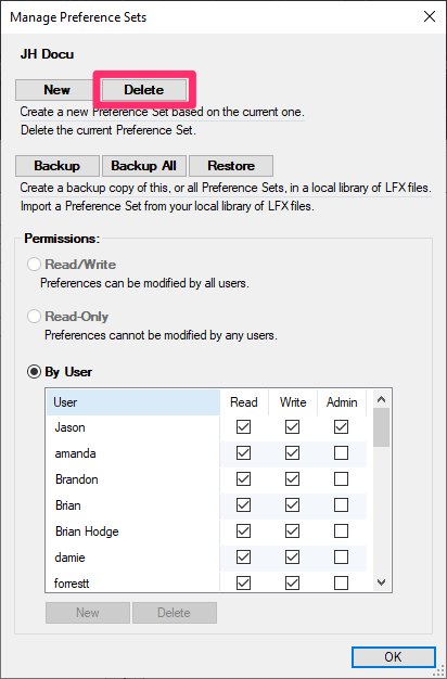 Manage Preference Sets dialog box, Delete button