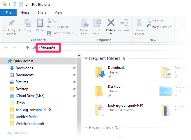 Searching for &temp% in File Explorer