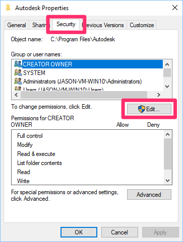 Autodesk Properties dialog box, Security tab