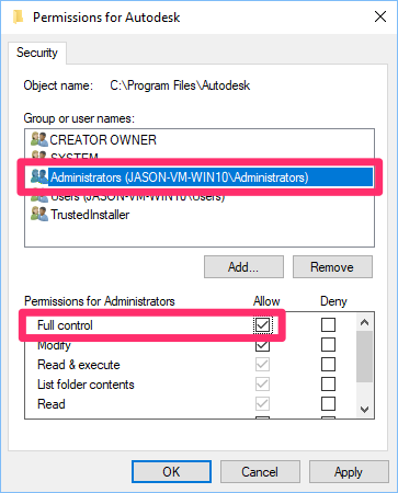 Permissions for Autodesk dialog box, Administrators option, Full control permission, Allow option selected