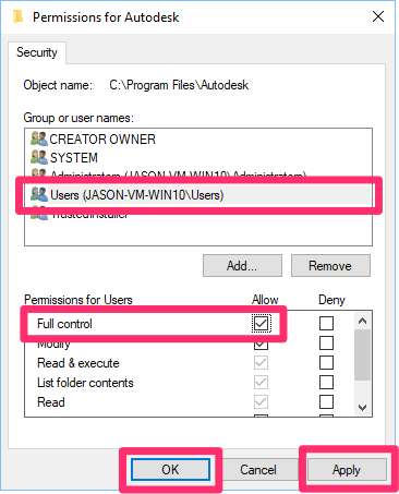 Permissions for Autodesk dialog box, Users option, Full control permissions, Allow option selected