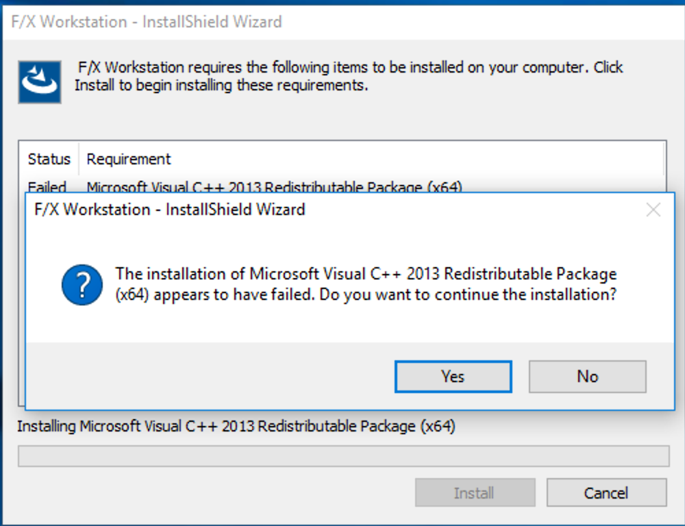 The installation of Microsoft Visual C++ 2013 Redistributable Package (x64) appears to have failed error