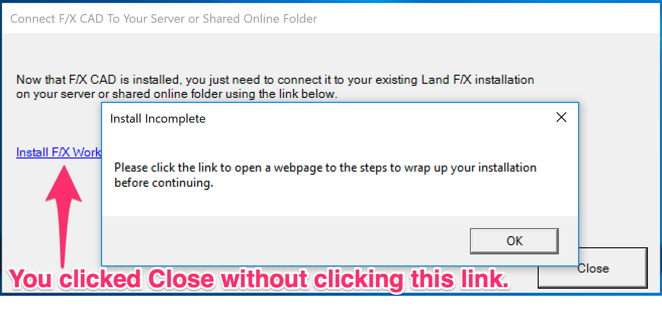 Connect F/X CAD to Your Server or Shared Online Folder dialog box, Install F/X Workstation link, obscured by error message