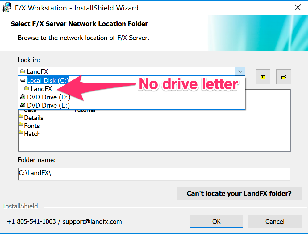 F/X Workstation installation steps, Select F/X Server Network Location Folder screen, no drive letter shown for LandFX folder