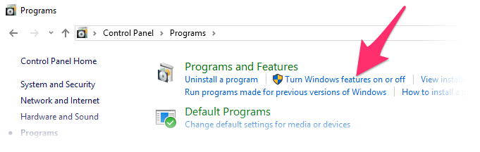 Control Panel, Programs and Features section, Turn Windows features on and off link