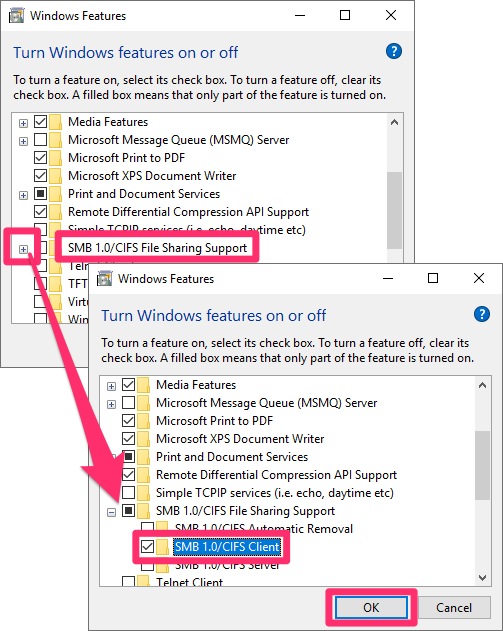 Expanding the SMB 1.0/CIFS File Sharing Support option and selecting the SMB 1.0/CIFS Client option