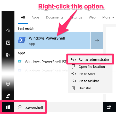 Menu opened by right-clicking Windows PowerShell in Start menu, Run as administrator option