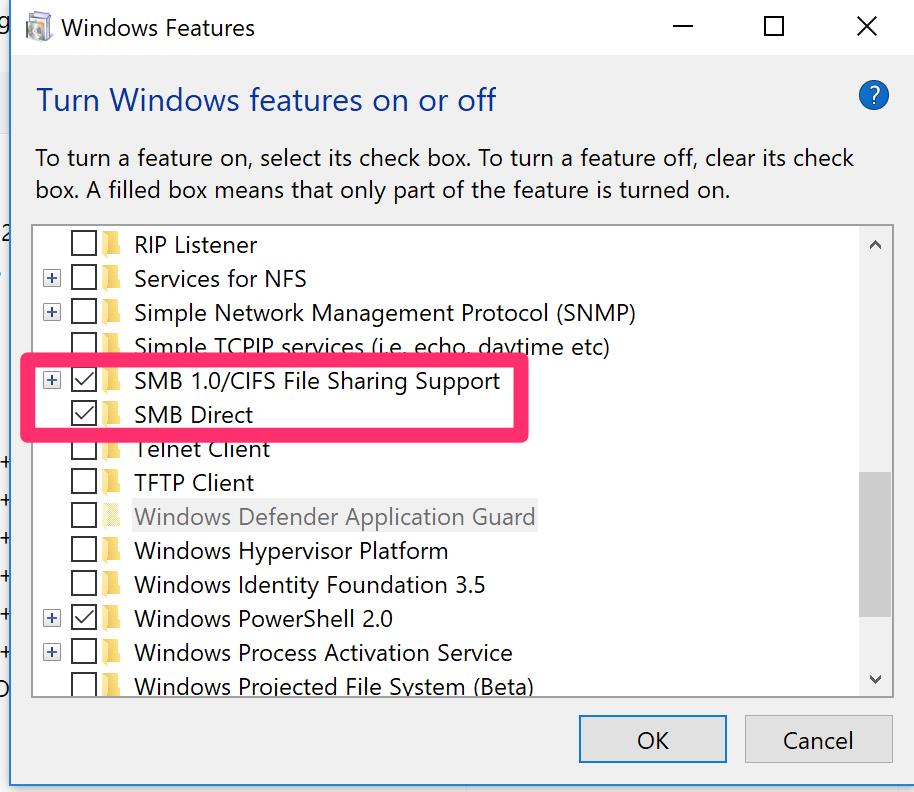Windows features dialog box with SMB 1.0/CIFS File Sharing Support and SMB Direct options checked