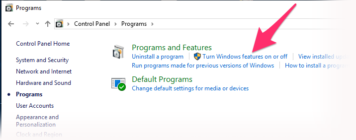Control Panel, Programs and Features section, Turn Windows features on and off link