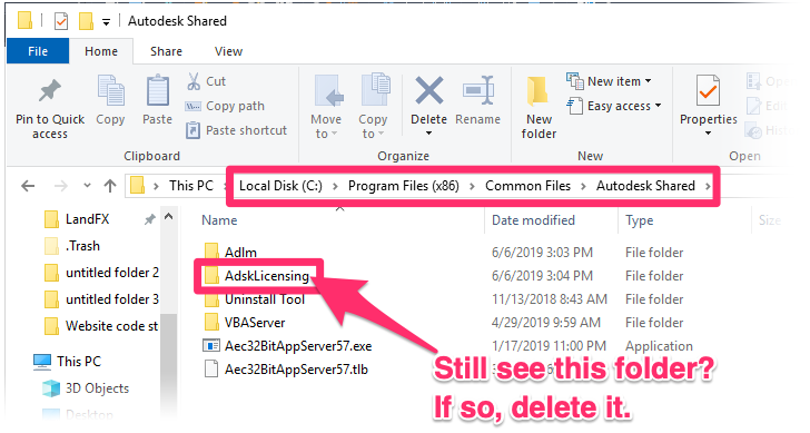 Deleting the folder AdskLicensing from the path C:\Program Files (x86)\Common Files\Autodesk Shared\
