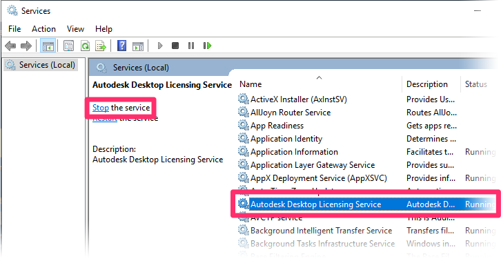 Services screen, Autodesk Desktop Licensing Service, Stop the service option
