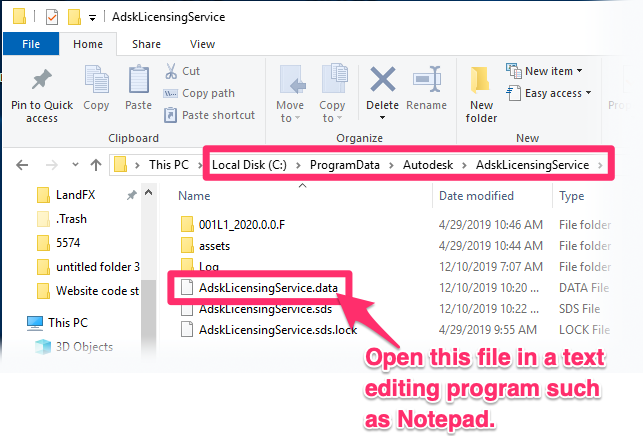 Opening the file AdskLicensingService.data in a text editing program from the path C:\ProgramData\Autodesk\AdskLicensingService\