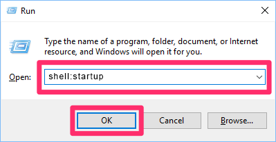 Typing shell:startup in the Run dialog box