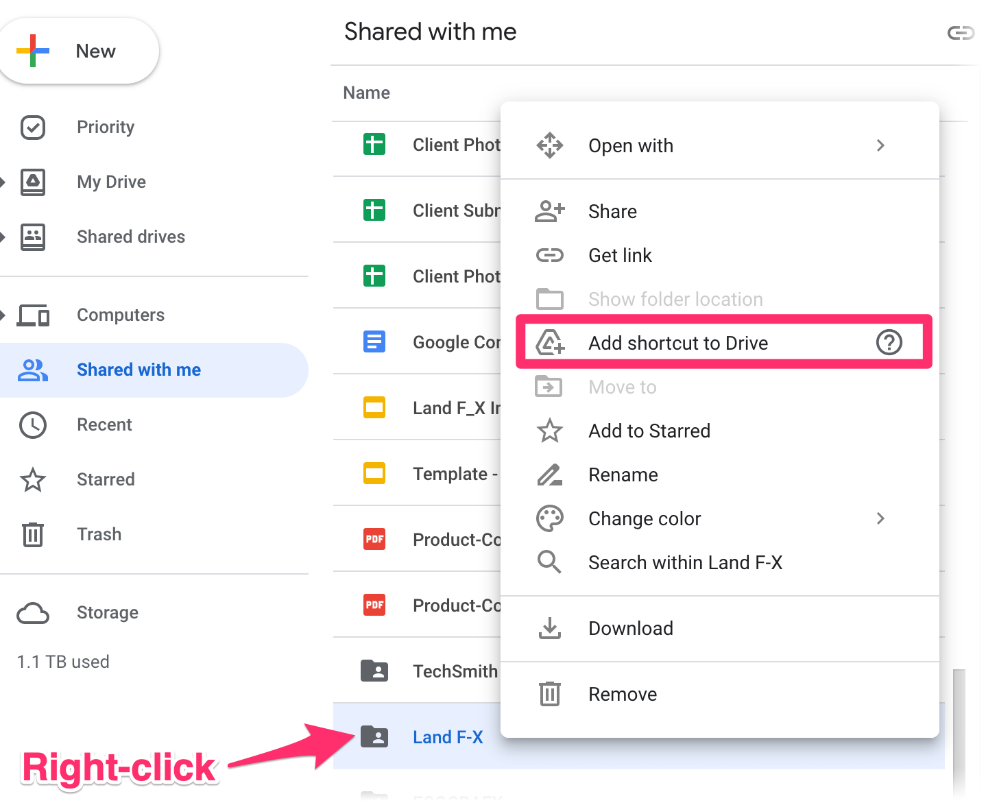Right-clicking LandFX folder on Google Drive and selecting the Add shortcut to Drive option from the menu that opens