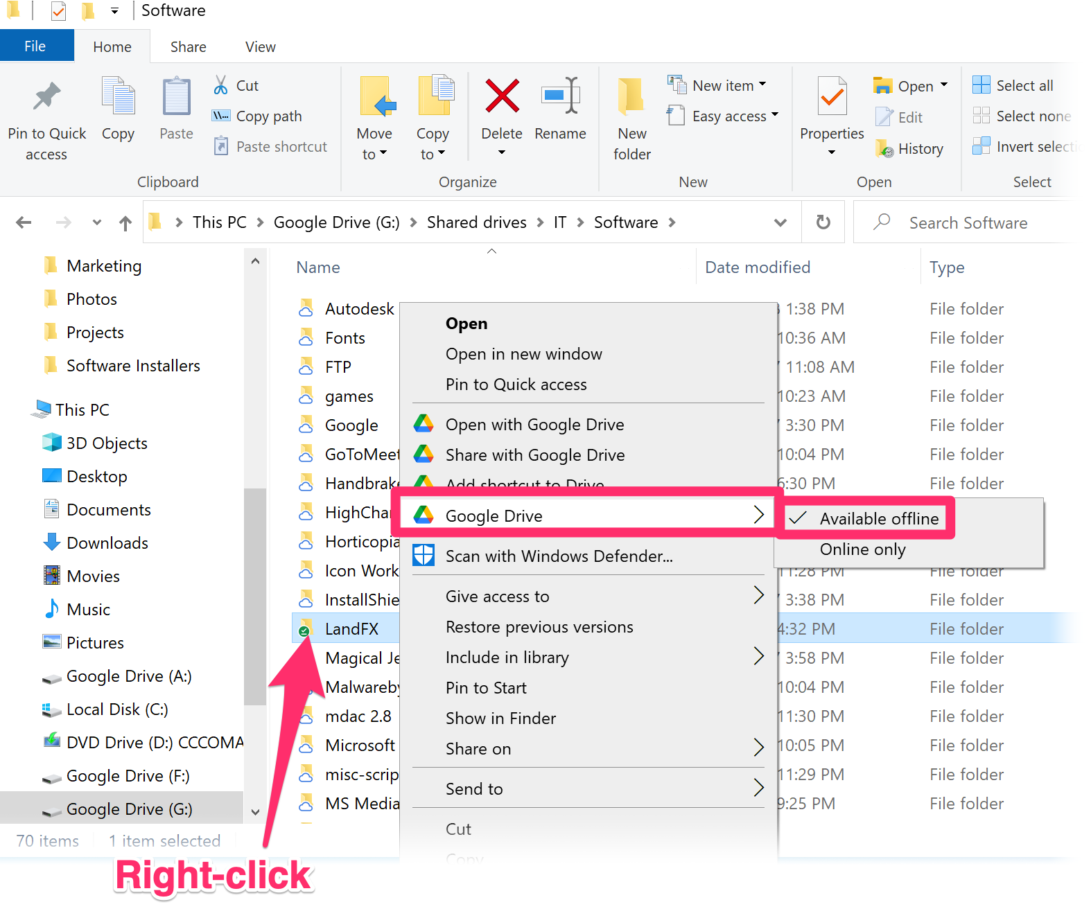 Right-clicking LandFX folder on Google Drive, hovering on Google Drive menu option, selecting Available offline from submenu, selecting Add shortcut to Drive from menu that opens