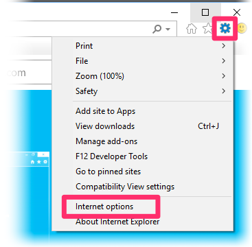 Internet Explorer Tools menu, Internet Options