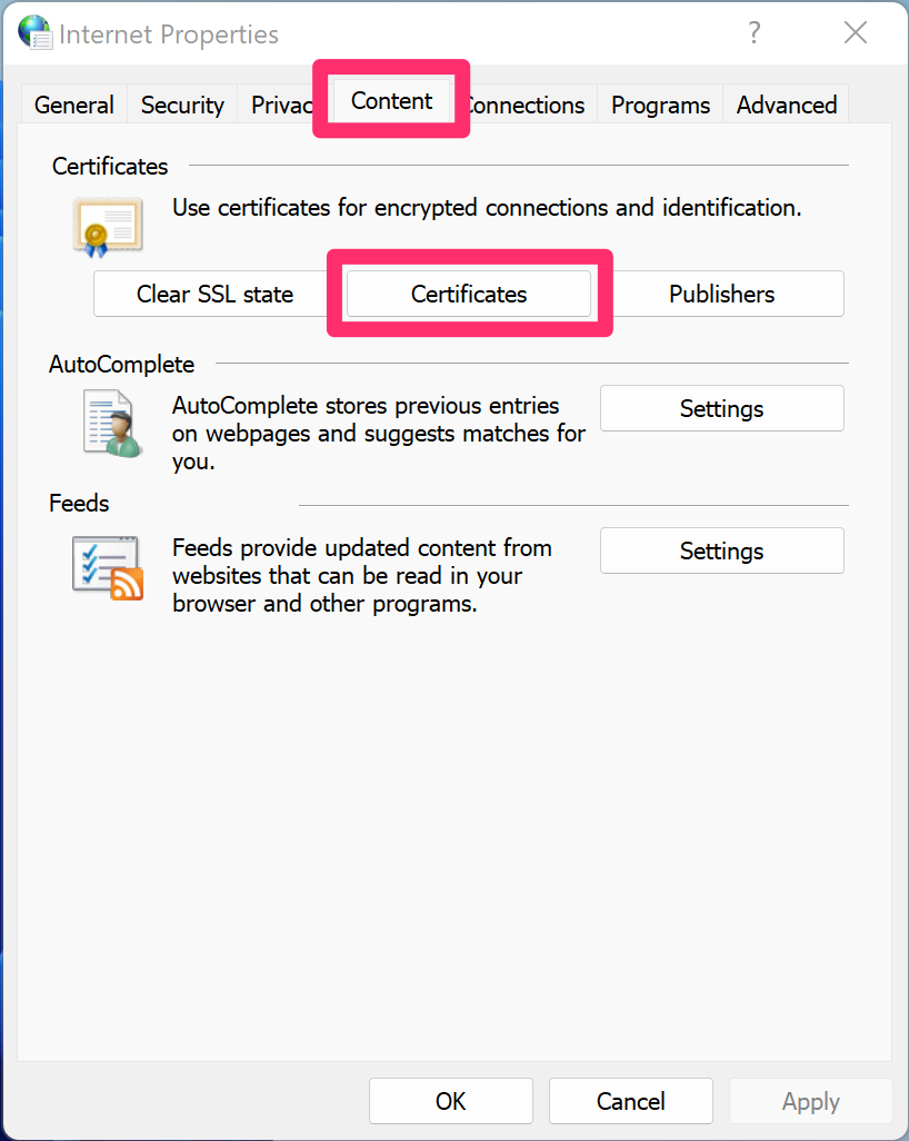 Internet Options dialog box, Content tab, Certificates option