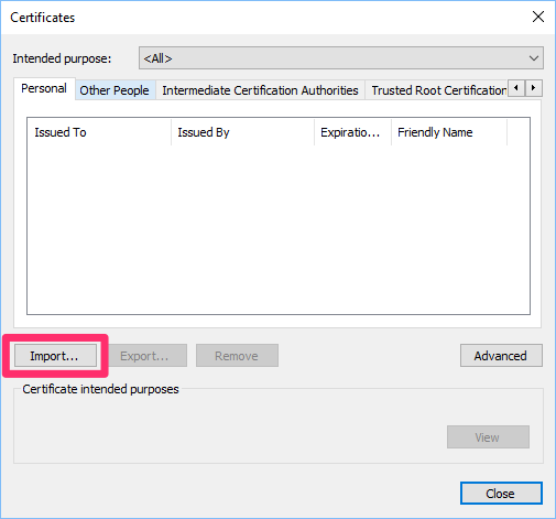 Certificates dialog box, Import button