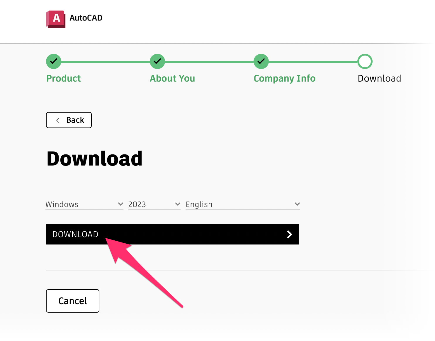 Download button for downloading an AutoCAD trial