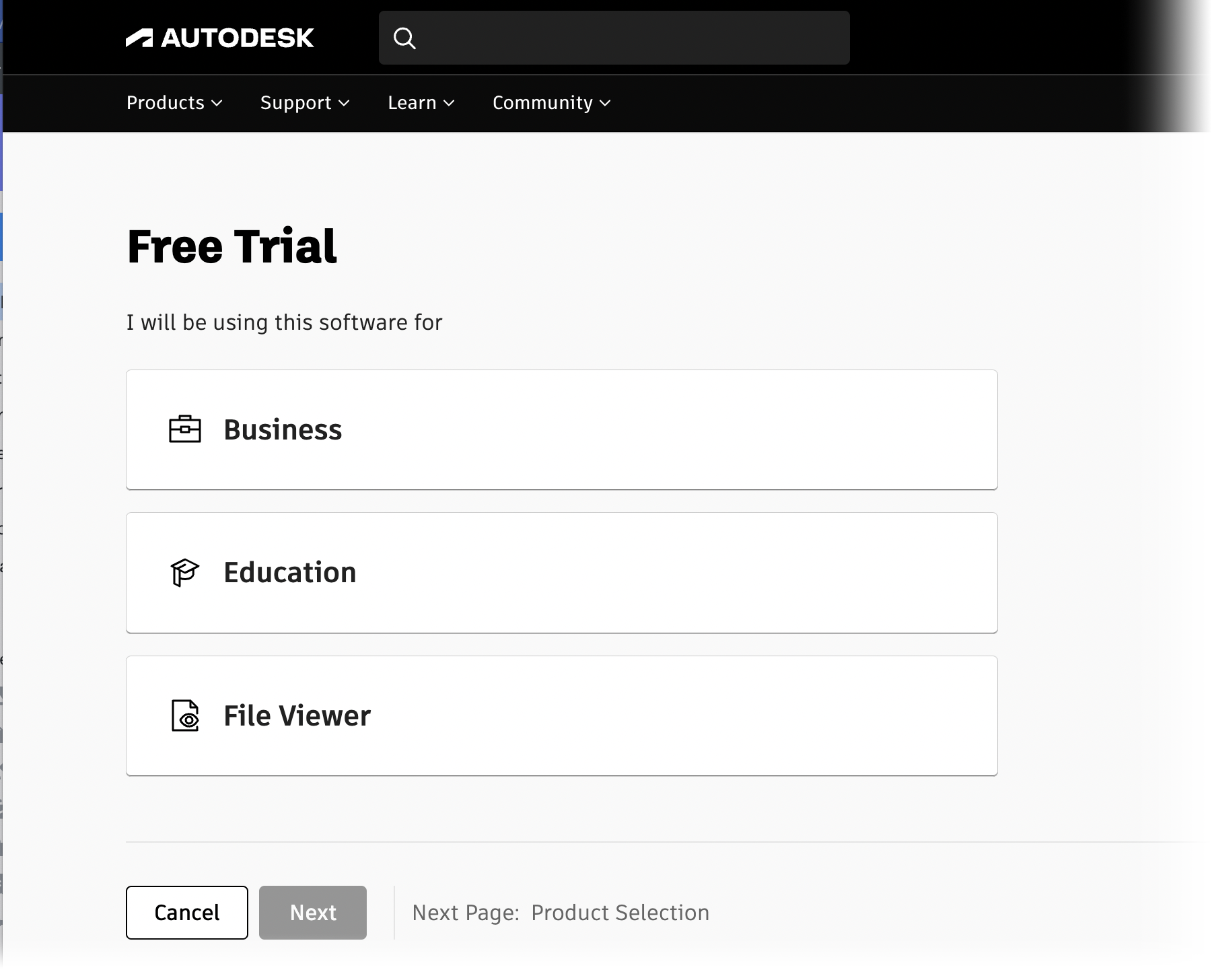 Autodesk trial intake page questionnaire, example