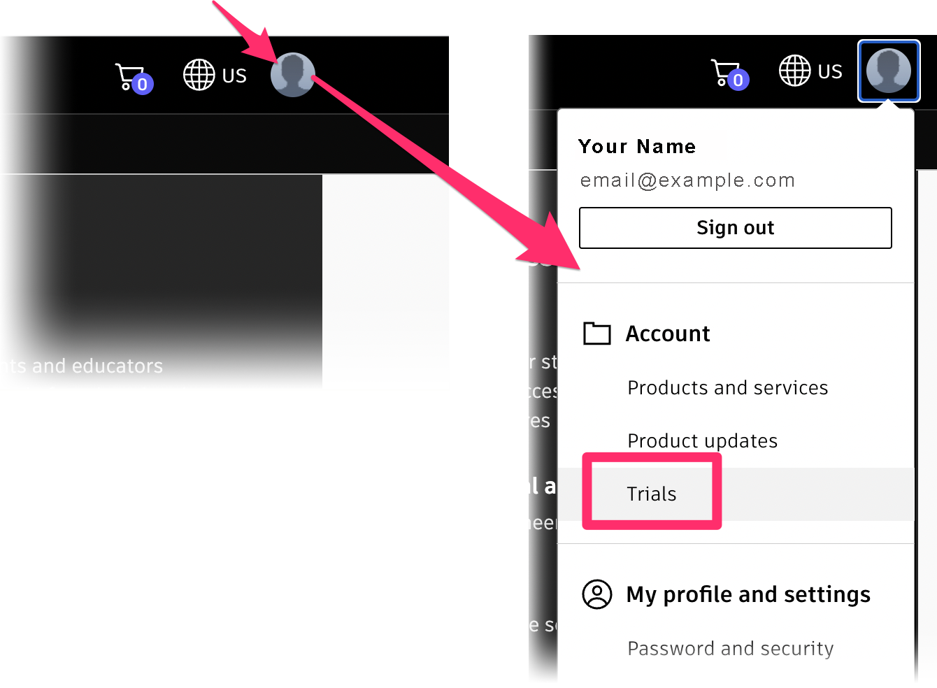 Selecting Trials from the profile menu on the Autodesk site