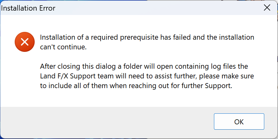 Installation of a required prerequisite has failed and the installation can't continue error message