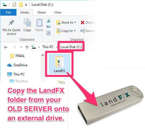 Copying the LandFX folder from your old server onto an external drive