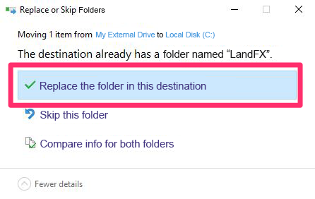 This destination already has a folder named LandFX message