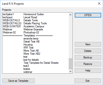 Land F/X projects and templates listed in Projects List